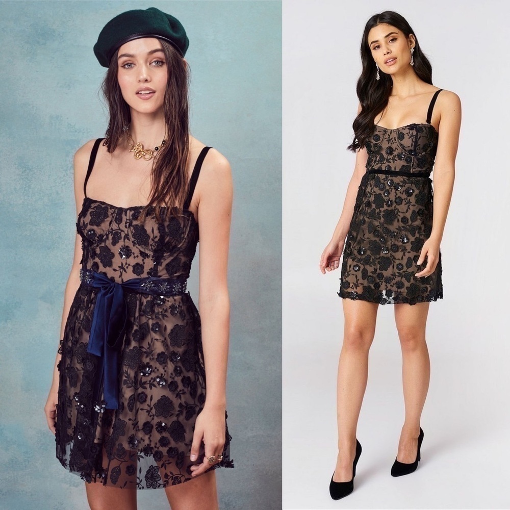 Nwt For Love & Lemons Beatrice Strappy Lace 3-D Embroidered Floral Mini Dress Xs